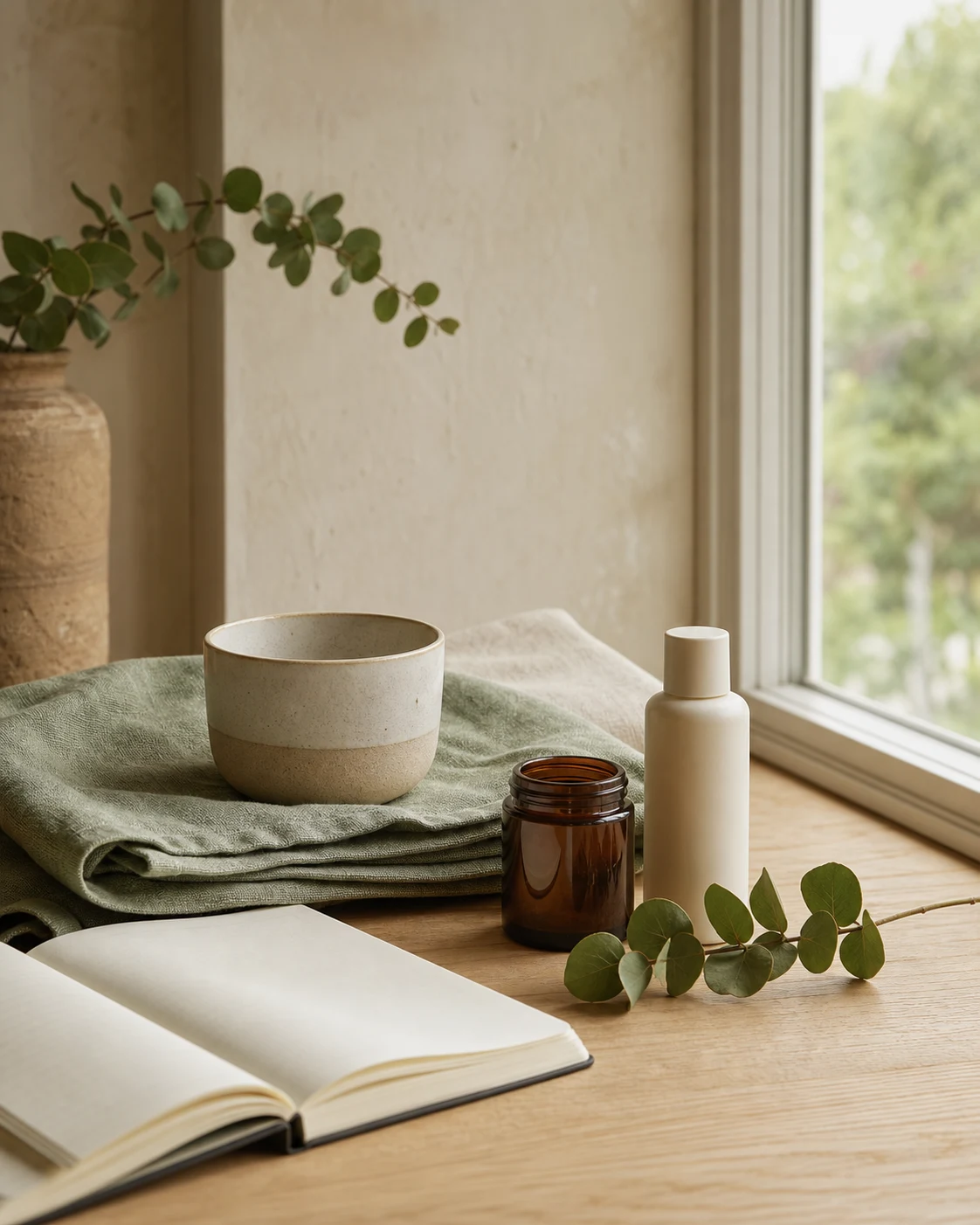 Amber wellness bottles arranged on pale stone
