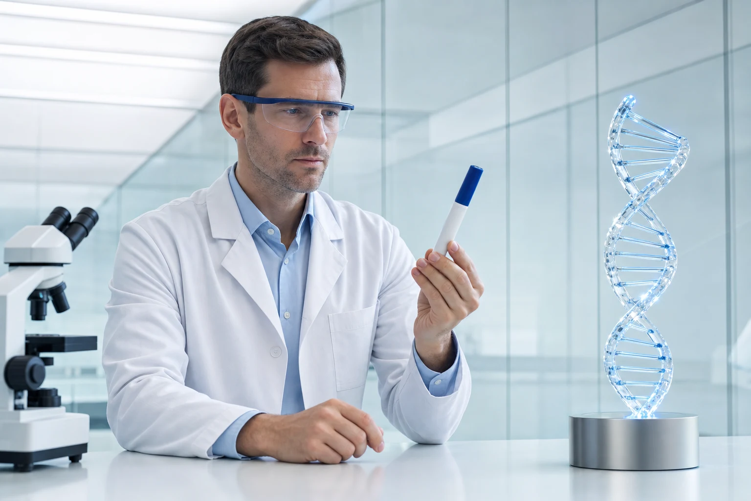 Biomedical researcher examining a capped GLP pen beside a glass DNA model