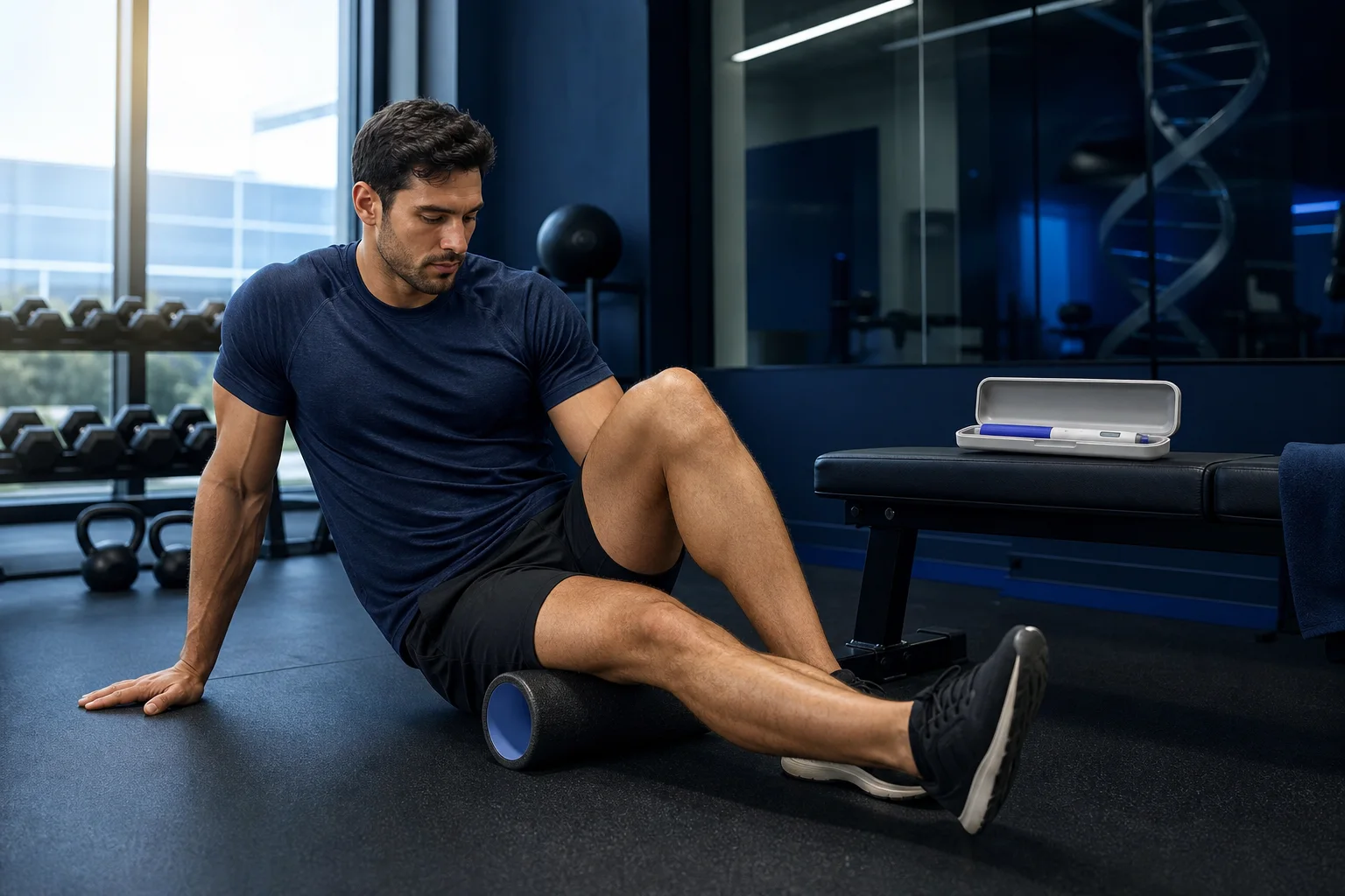 Athlete using a foam roller after strength training beside a securely capped GLP pen and subtle DNA reflection