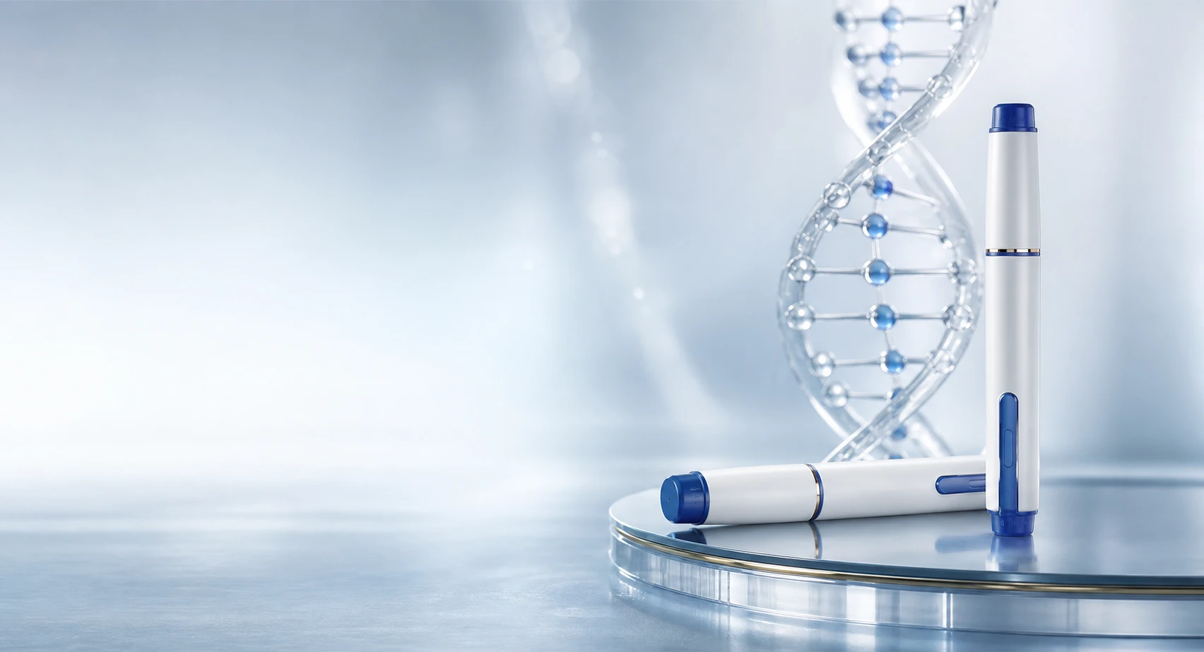 Premium capped GLP pens beside a translucent DNA helix in a bright clinical studio