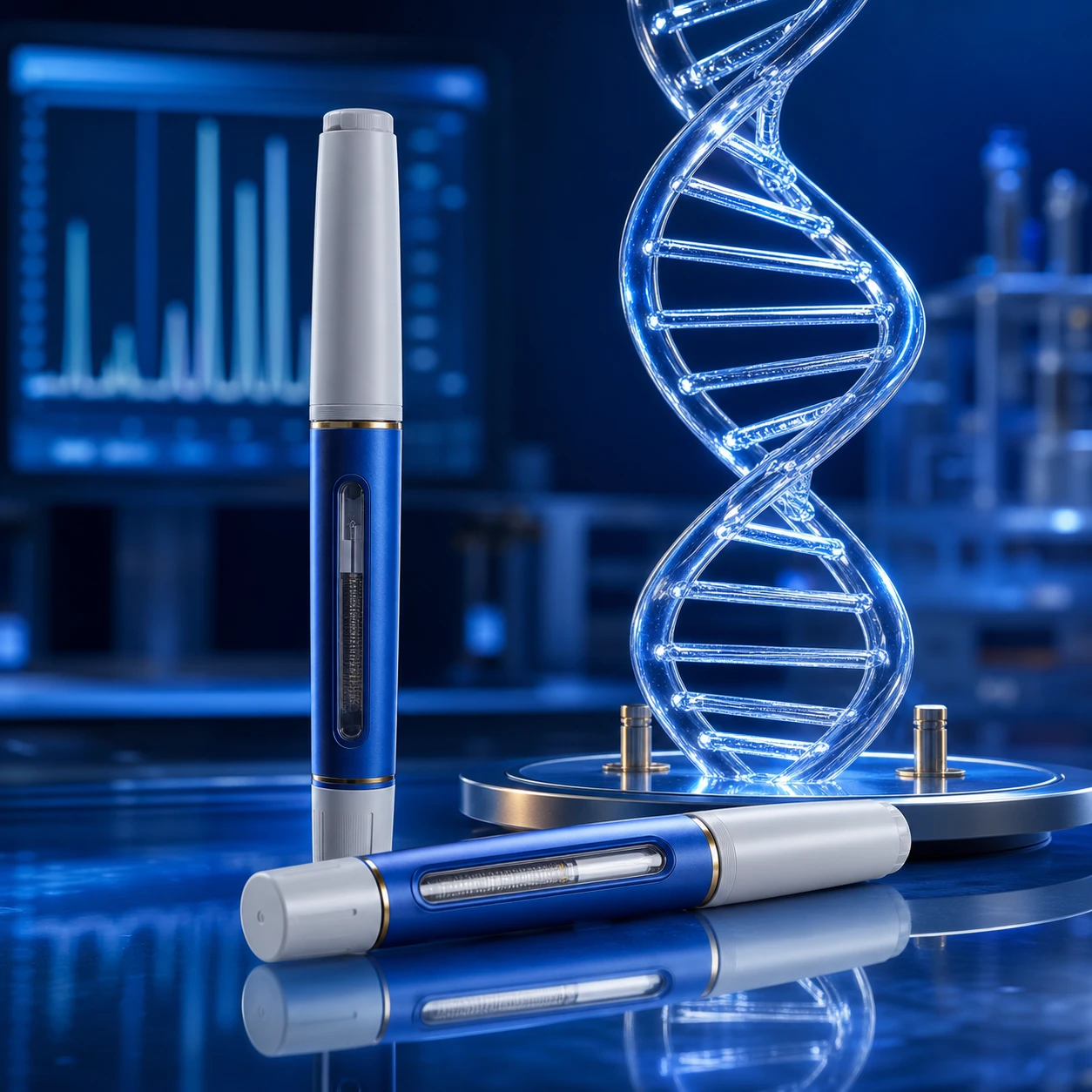 Two premium capped GLP injection pens beside a luminous DNA helix in a cobalt laboratory